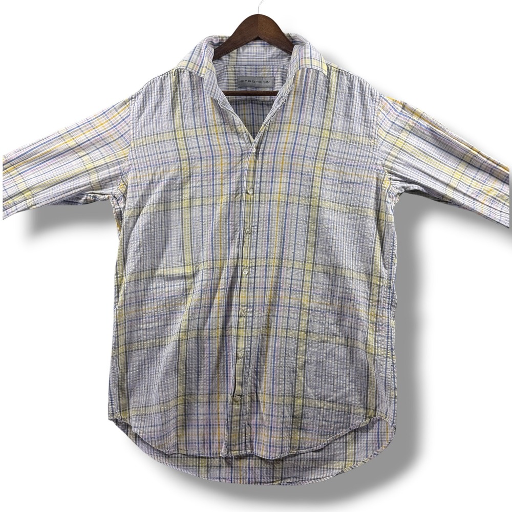 Etro Milano Mens Plaid Seersucker Button Down Shirt Size 42 Blue Yellow Italy